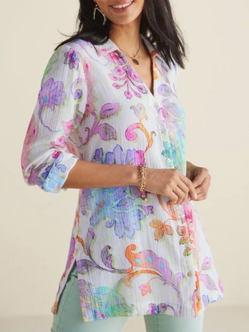 NEW Soft Surroundings Escambia Gauze Tunic Shirt 1X Multi Painterly Floral $110 - Picture 3 of 16